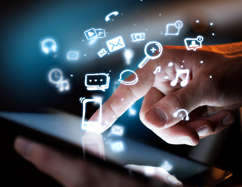 hand touching digital tablet, social media concept